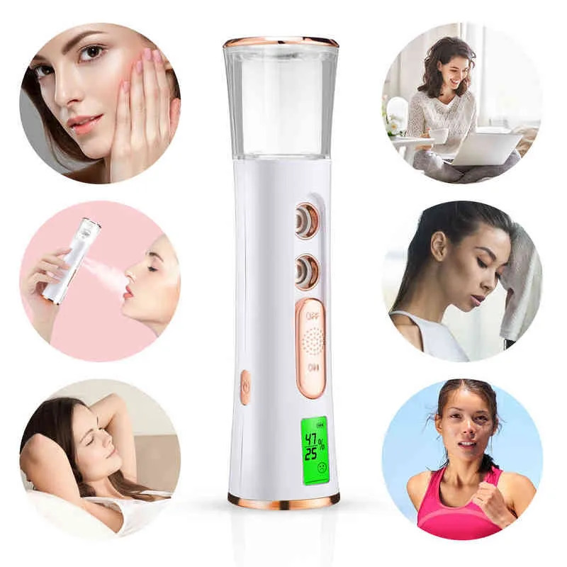 Nano Face Spray Bottle Facial Steamer USB Rechargeable Brumisateur Peau Humidimètre Portable Beauté Soins Outils 220526