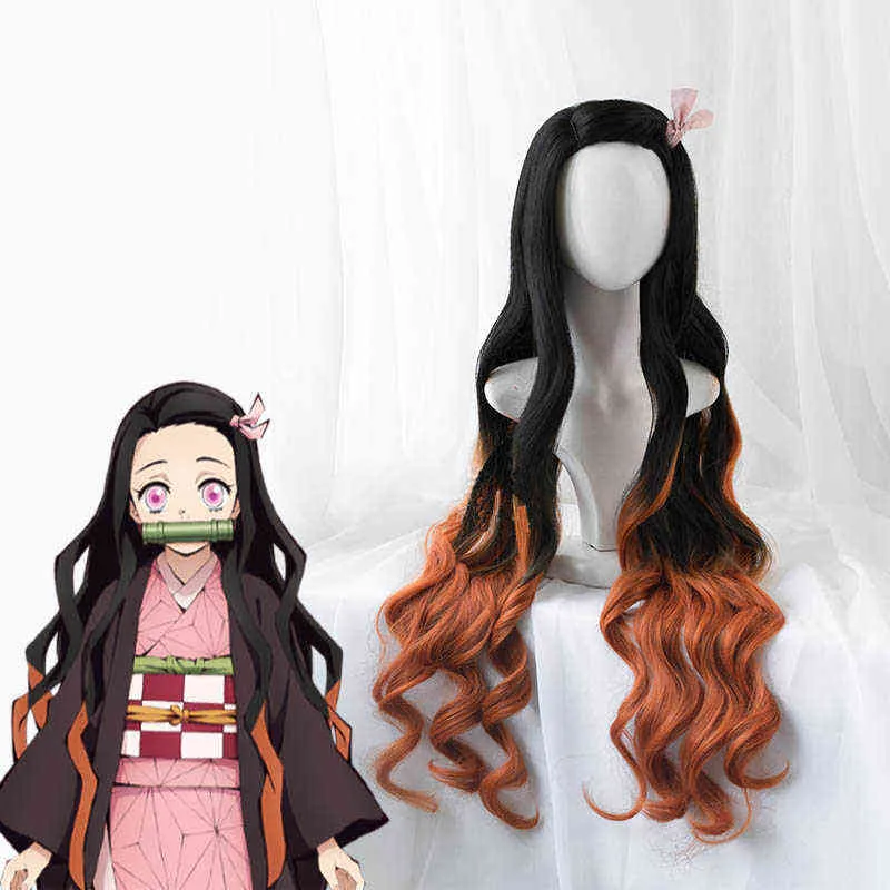 Anime demon no nezuko peruk lång värmebeständig syntetiska hår perucas cosplay peruker och peruk cap l2208025821049