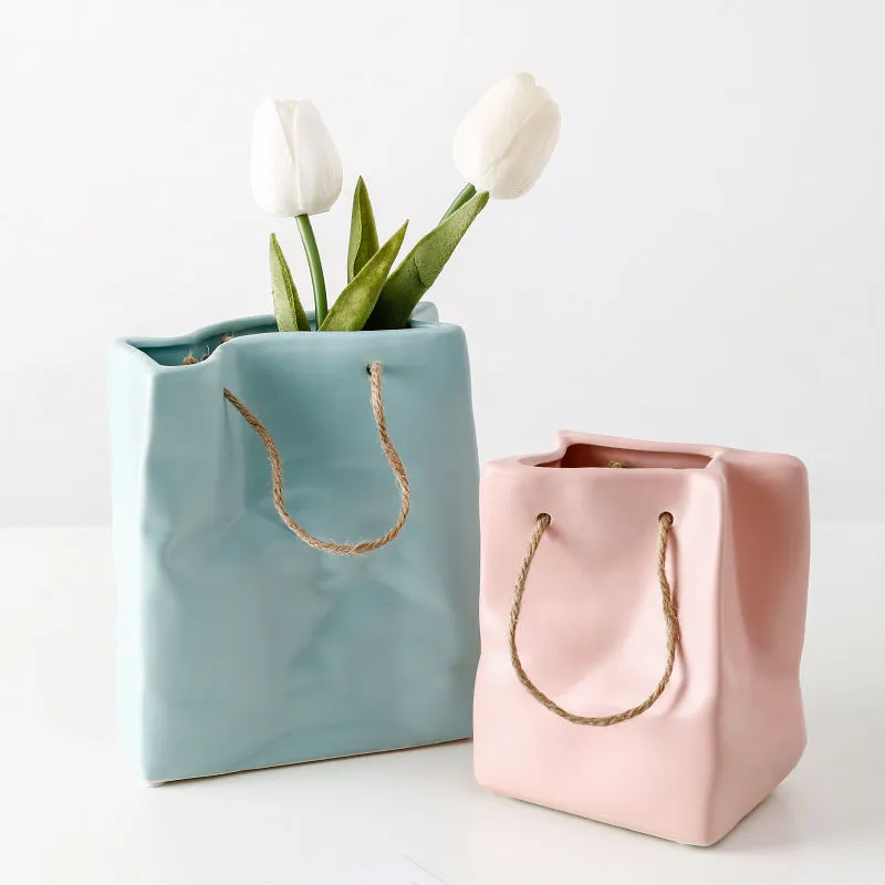 Nordic Creative Shopping Basket ceramic Vase Bag Decoration Simple Dried Flower Arrangement Table 220628