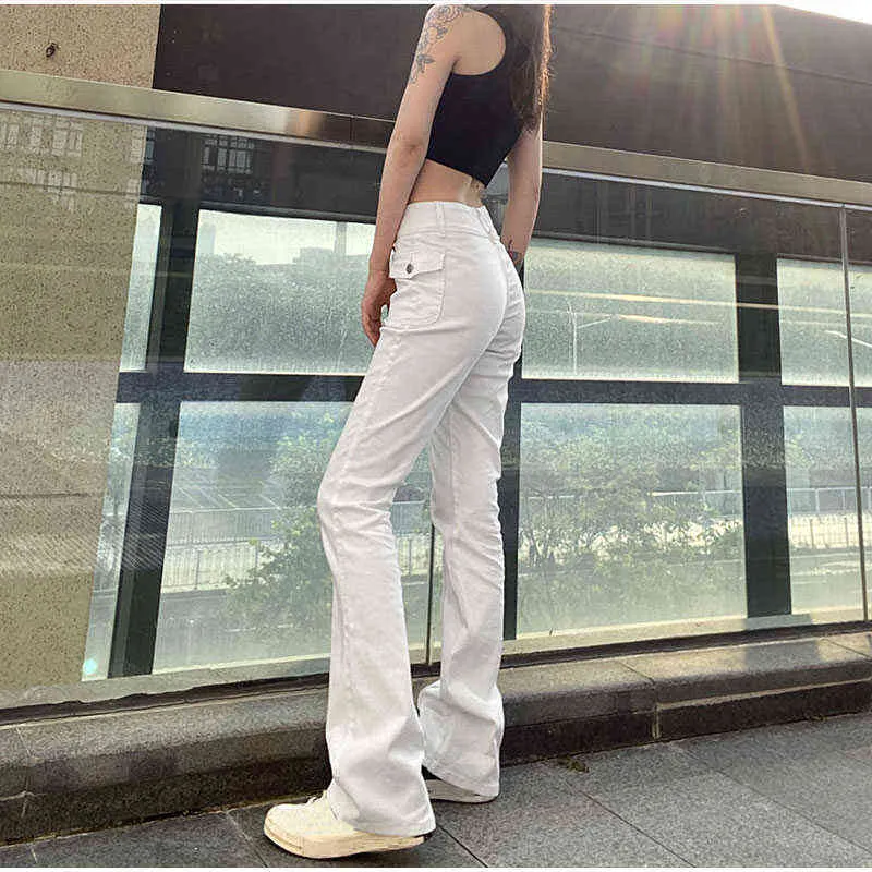 Vintage Blanc Taille Basse Rayé Flare Denim Pantalon Mall Goth Indie Esthétique Sacs Patchwork Jeans Femmes Y2k Large Tuyau Pantalon L220726