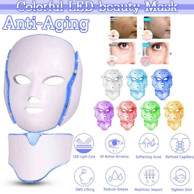 7 Farben LED-Maske Hautverjüngung Pon Lichttherapie Anti-Aging-Gesichtsschönheitsmaschine Whitening Neck Skincare Tool VIP 2205202179904