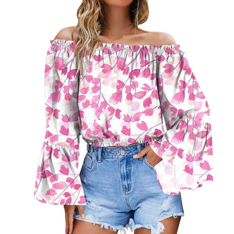 Summer Sexy Off Shoulder Slash Neck Women Blouse Off The Shouler Crop Tops Long Bell Sleeve Blouses For Women Sexy Shirts Causal L220705