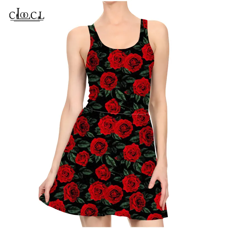 est Red Rose Flower 3D Print Summer Dress Donna Slim senza maniche Donna Sexy Abiti slim Pieghettato Abito casual 220617