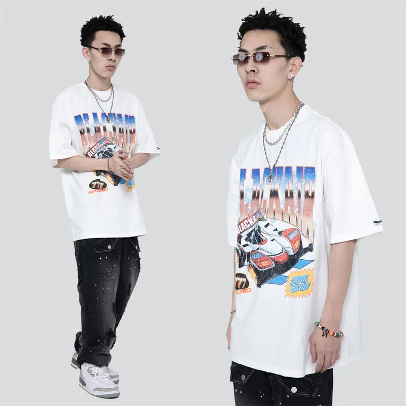 T-shirt Men Racing Car Print Washed Grey Distress O-neck Cotton Tops Harajuku Streetwear Casual Hip Hop Oversized T Shirts