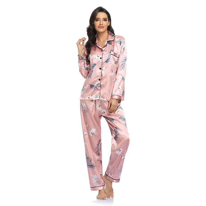 Autumn Winter Women Silk Satin Pajamas Set Ladies Long Sleeve Top Shirt + Trouser Bottoms Pyjama Homewear Sleepwear Pj s 220329