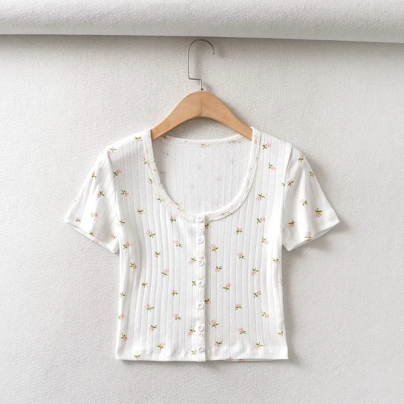 Harajuku 70s Vintage O neck Floral Short Sleeve Tee Base T-shirts Summer Girl Single-breasted Button T-shirt crop top 220321