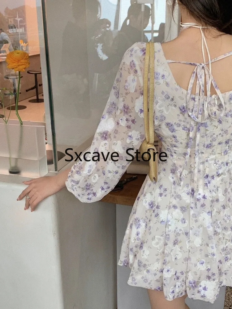Y2k Short Party Dres Casual Long Sleeve Sweet Elegant Floral Mini Dress Beach Style Dress Korean Summer 220517