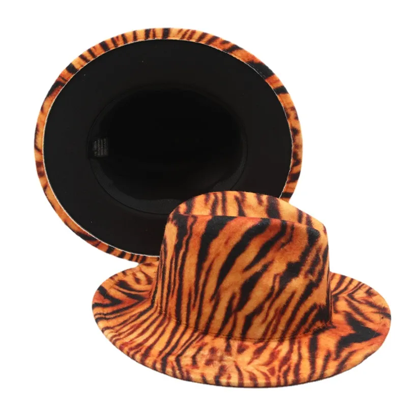 Nouveau tigre Animal imprimé Fedora chapeaux avec fond noir large bord femmes hommes Jazz fête chapeau haut de forme voyage en plein air casquette de Protection solaire