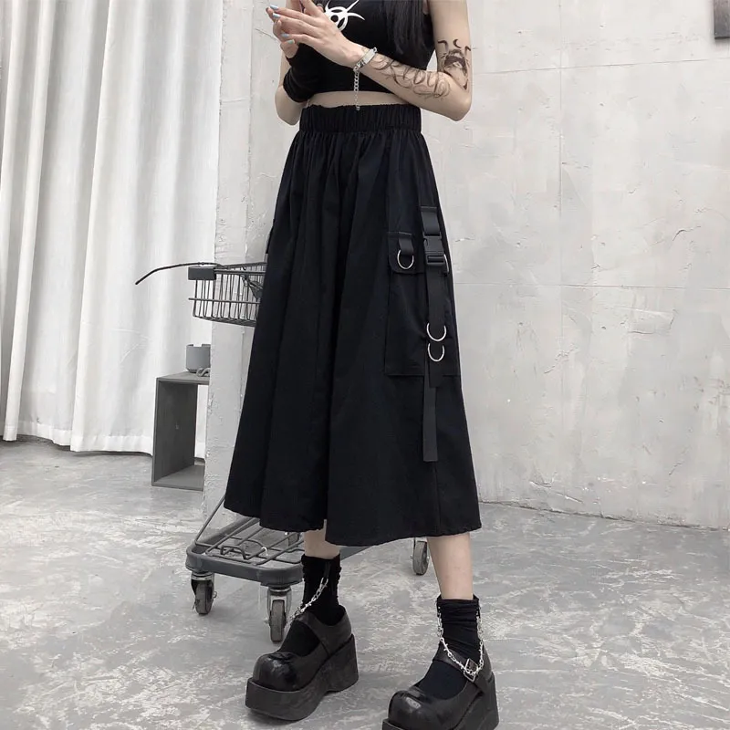 Gothic Hohe Taille Cargo Röcke Frau Harajuku Lose A-line Tasche Midi Langen Schwarzen Rock Hip Hop Streetwear Mode Übergröße 220317