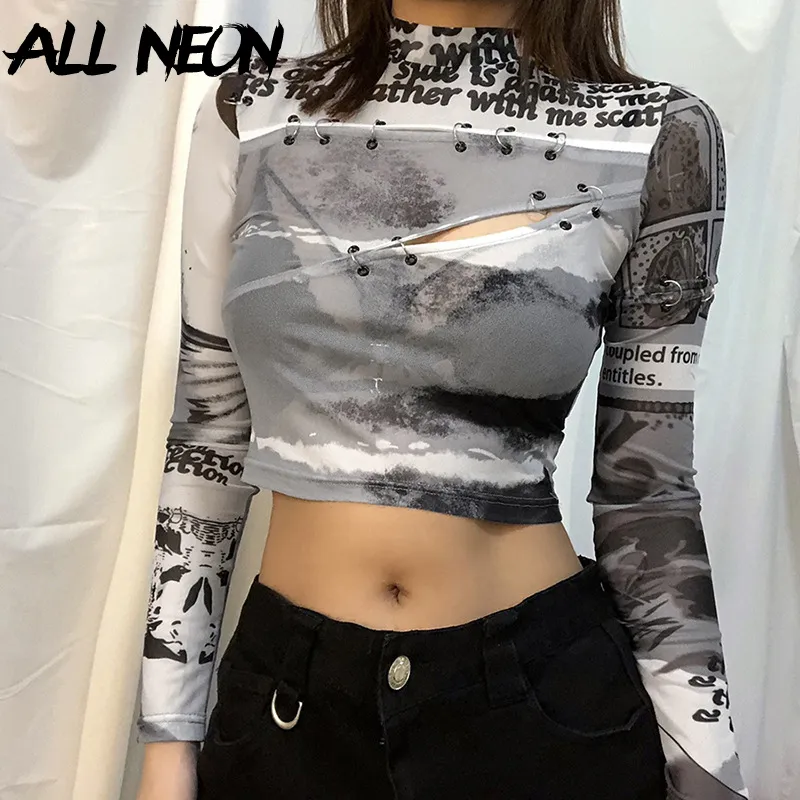 Allneon Grunge Estetics Transparents Stand Collar Manica Lunga tagliata Top con anelli E-Girl Letter Print Tie Dye Maglia T-shirt 220408