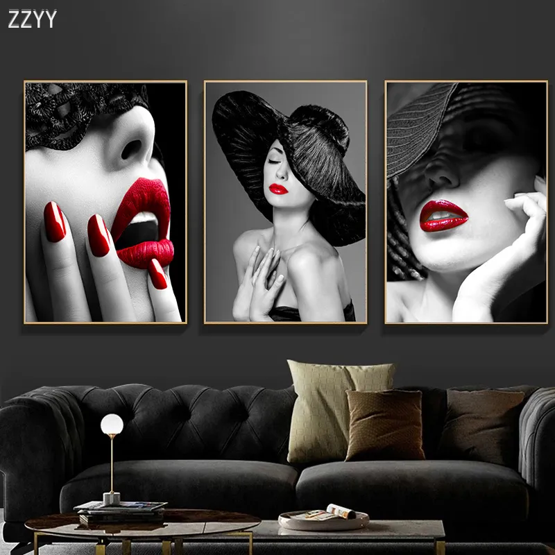 Immagini da parete donna moderna con labbra rosse sexy stampate su tela Poster donna moda soggiorno Pittura decorativa da parete la casa