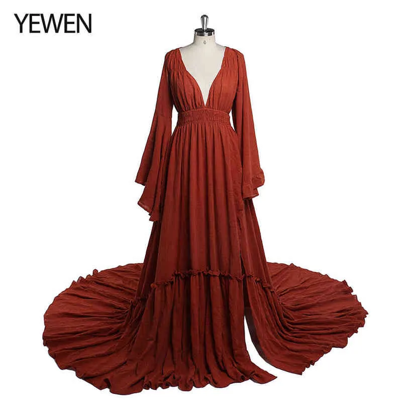 V Neck Maternity Phography Dresses Long Sleeves Adjustable Waist Photo Session Gown Yewen YD J220628