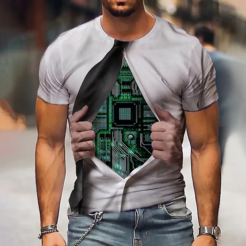 Электронный чип в стиле хип-хоп, повседневная спортивная футболка для мужчин и женщин, 3D машинная печать, негабаритная летняя футболка в стиле Харадзюку с коротким рукавом 220607