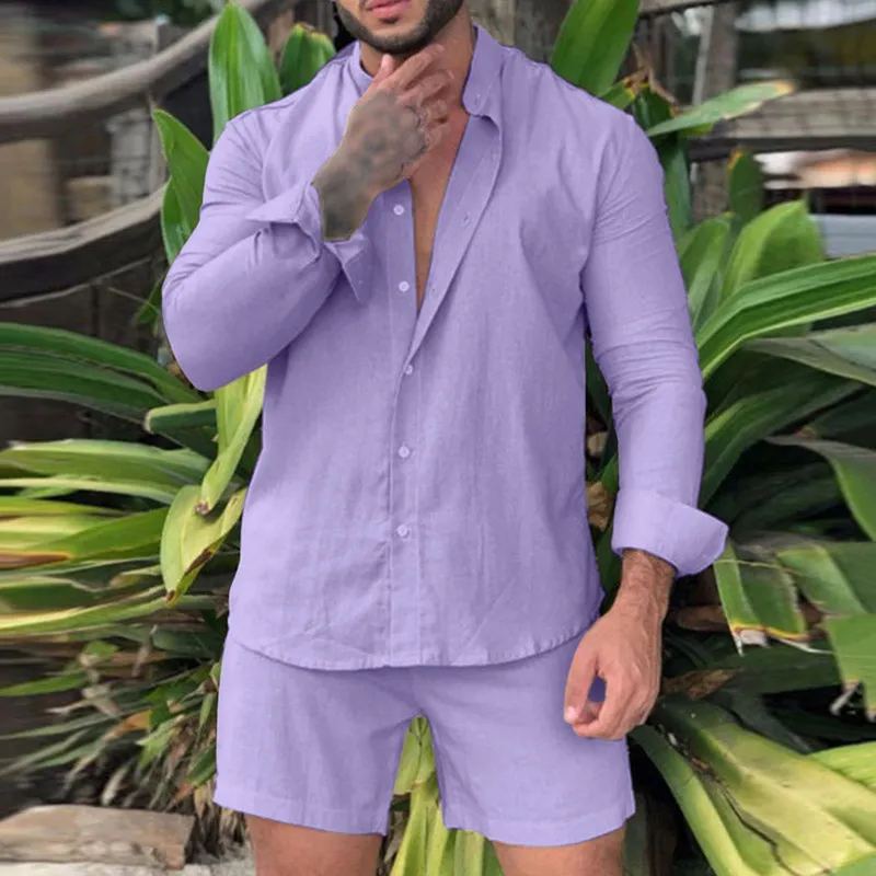 Summer Man Men Sets Fashion Linen Bawełna Bawełna Koszulki z długim rękawem Plaża Sądowe spodenki sportowe garnitur codzienne topy męskie stroje 220803