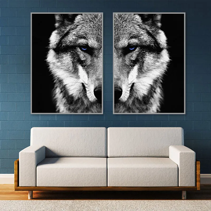 Schwarz-weißer Wolfskopf, HD-Druck, Leinwandgemälde, moderne Tiere, Wandkunst, Poster, Drucke, coole Wolfsbilder für Wohnzimmerdekoration