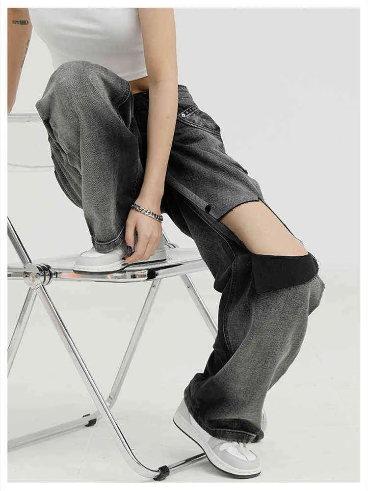 Black Tie-dye Ripped Jeans Women's Summer Retro HK Style Design Neutral Denim Trousers Loose Straight-leg Wide-leg Pants Female T220728
