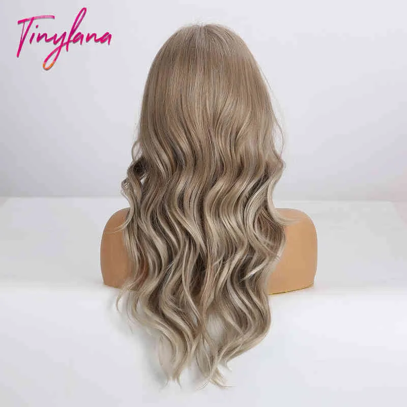 TINY LANA Synthetic Long Wavy Ombre Light Brown Blonde Ash Wigs with Bangs Party Cosplay Hair Wigs for Black Women Fake Hair