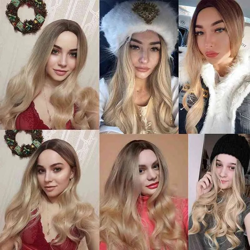 Henry Margu Ombre Brown Blonde Wig Long Wavy Middle Part Cosplay Play Party Synthetic voor vrouwen Afro hittebestendige vezel 220622