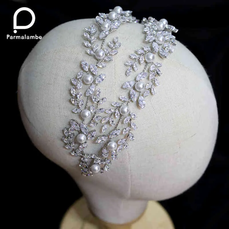 Kvinnor Bröllop Hår Tillbehör Mode Pearl Crystal Headband Bridal Hair Tiaras Cubic Zircon Headdress Leaf Soft Hair Band AA220323