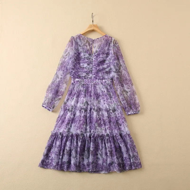 2022 Autumn V Neck Sheer Tulle Floral Dress Romantic Purple Long Sleeve Ruched Knee-Length Dresses 22G210040