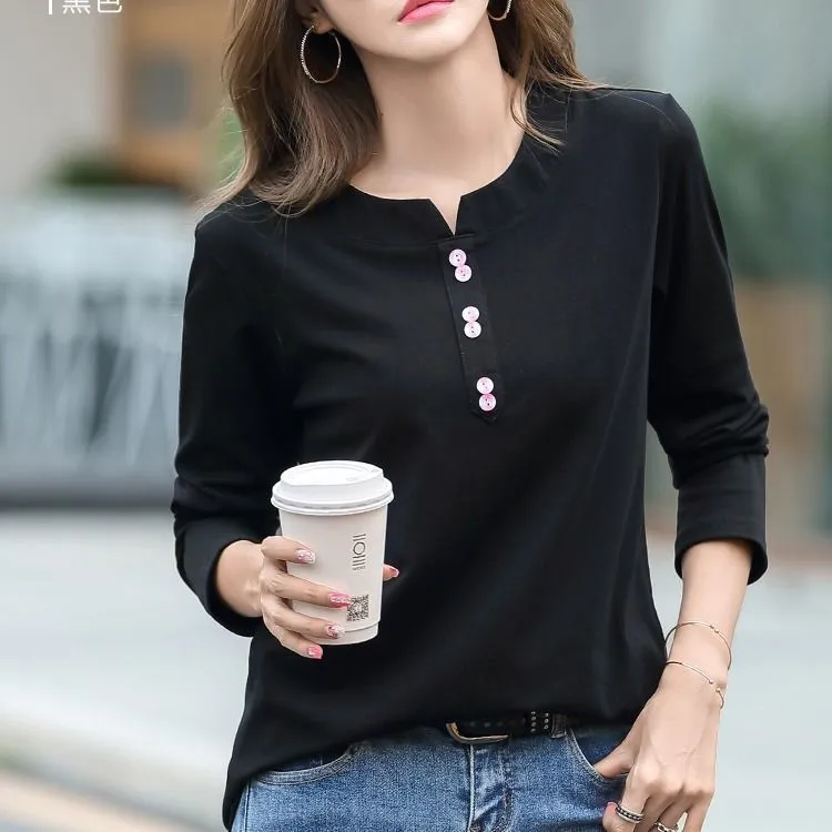 100% Baumwolle T Shirt Frau Frühling Mode Langarm V-ausschnitt T-shirt Lose Koreanischen Stil Plus Größe Frauen s 220321