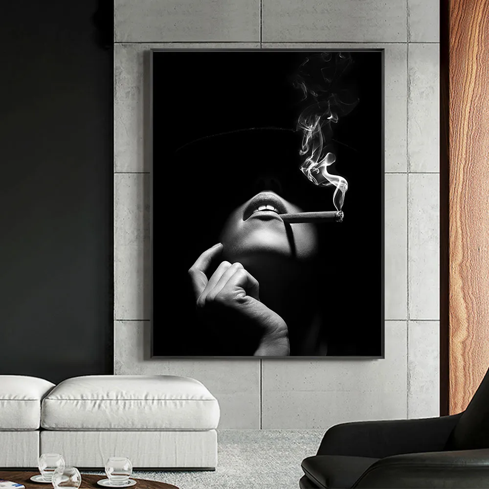 우아한 레이디 벽 예술 캔버스 페인팅 포스터와 인쇄 흡연 시가 여자 그림 캔버스 예술 거실 가정 장식