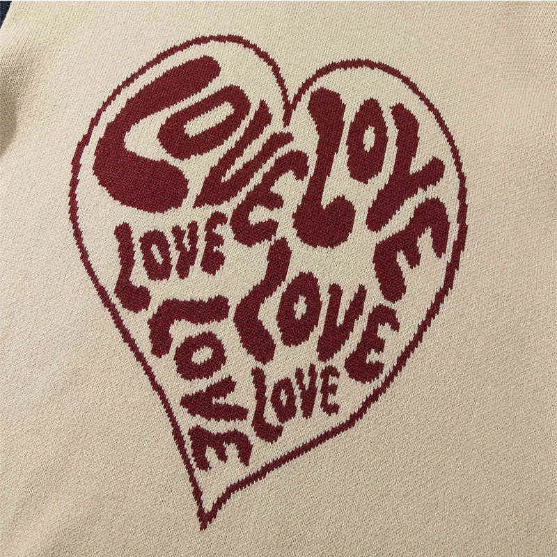 Erkek Hip Hop Örme Jumper Sweaters Sevimli Kalp Mektubu Baskı Patchwork Sokak Giyim Harajuku Sonbahar Sıradan Gevşek Kakiller UNISEX T220730