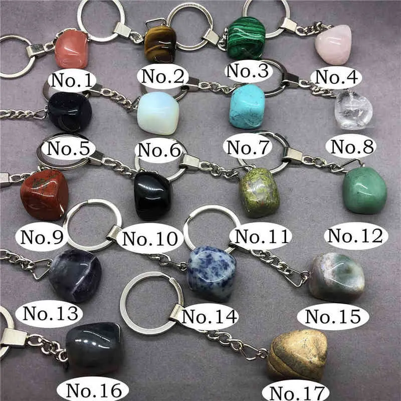 17 Typer Natursten med rostfritt stål Keychain Hängsmycke Tillbehör G220421