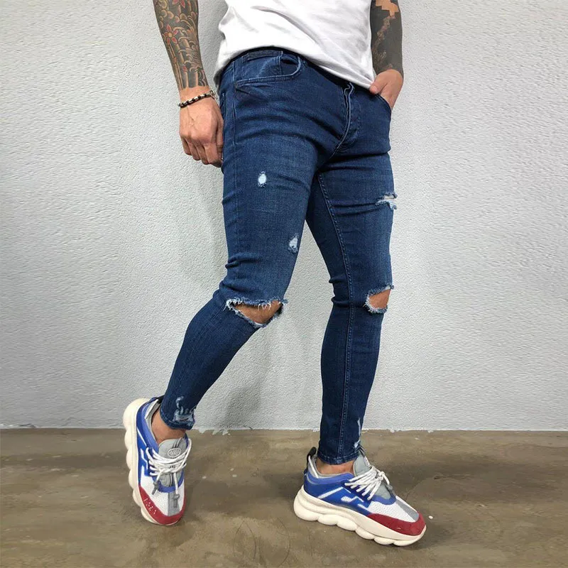 Men jeans knähål rippade stretch mager denim byxor fast färg svart blå höst sommar hip-hop stil smal passformare s-4xl 220726