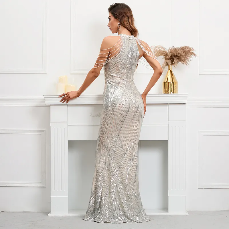 YIDINGZS Elegant Off Shoulder Silver Sequin Evening Dress Women Party Maxi Dress Long Prom Dress 18126 220705