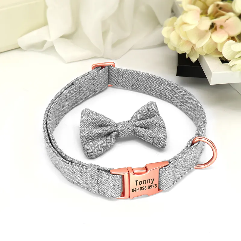 Personalized Dog Collar With Bow Tie Soft Woolen Cloth Dogs ID Collars Antilost Free Engraving Cute Bowknot Pet Accessories 220610