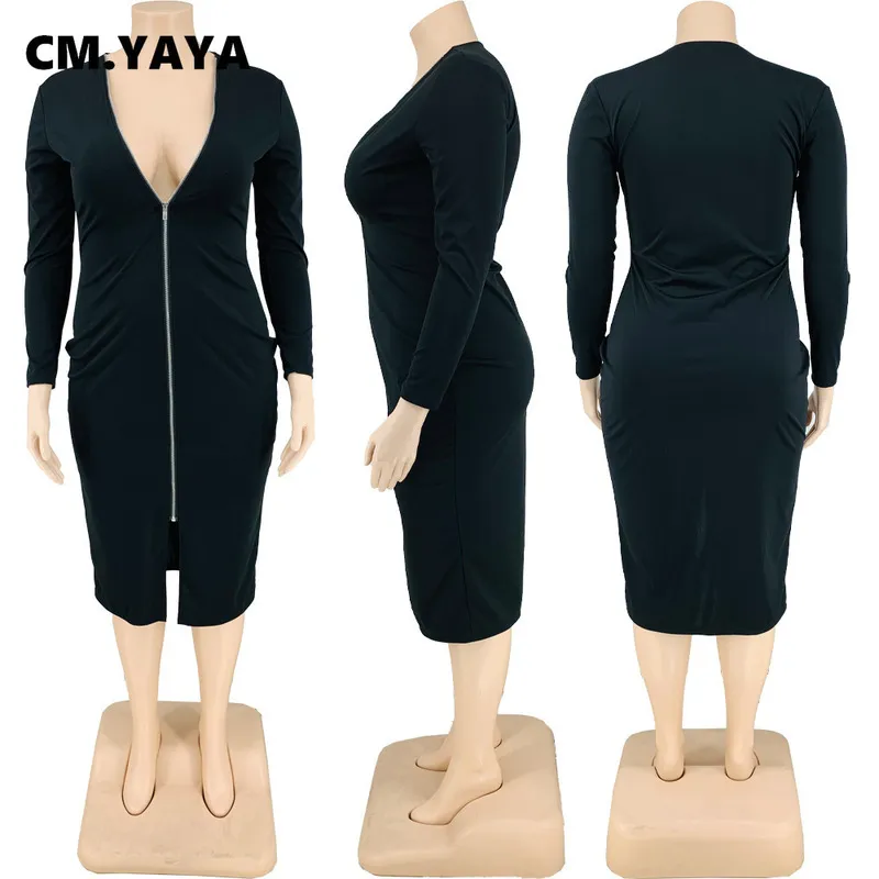 Cm.yaya plus size dames diepe v-neck lange mouw zipper vlieg voor spleet spleet bodycon midi jurk sexy club potlood feest nachtjurken 220516