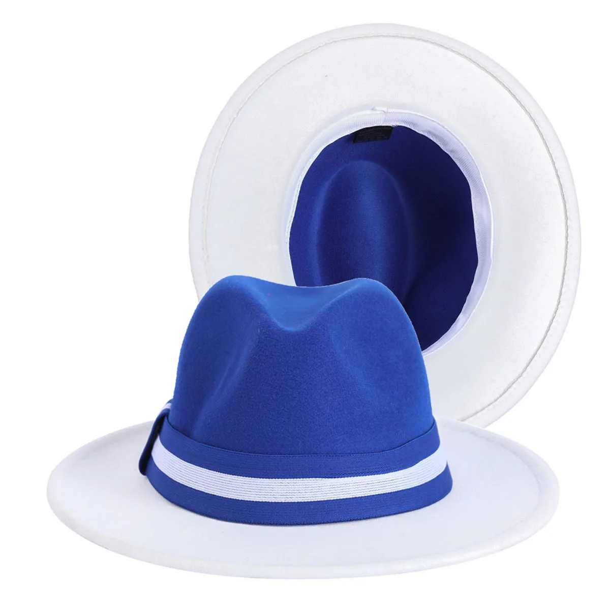 レイカーズカラーマッチングジャズFedora Hats乗馬パーティー紳士帽子ワイドブラムエレガントな2色教会パフォーマンスキャップ