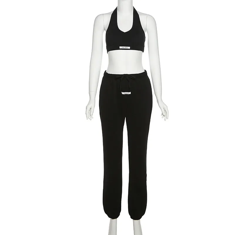 Summer Black 2 Two Piece Sets Tracksuit Women Outfits Autumn Sweatsuits For Women Halter Crop Top And Long Pants Sets Suits 220527