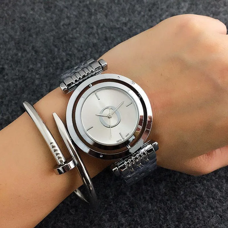 Marca de moda relógios feminino senhoras menina cristal grandes letras girar estilo dial metal banda aço quartzo relógio pulso designer presente hi219p