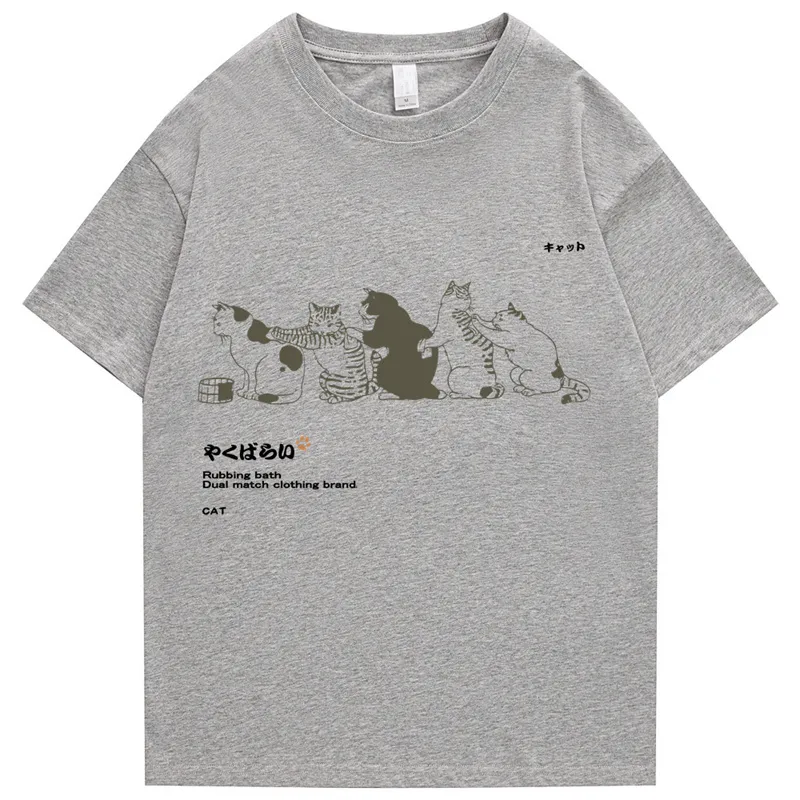 남자 힙합 티셔츠 스트리트웨어 일본 칸지하라 주쿠 재미 고양이 tshirt 여름 짧은 소매 티 탑 티즈면 프린트 Tshirts 220601