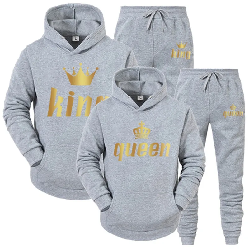 Sale Couple Outfits Hoodie and Jogger Pants High Quality Men Women Daily Casual Sport Jogging Suit King Queen Tracksuit 220315