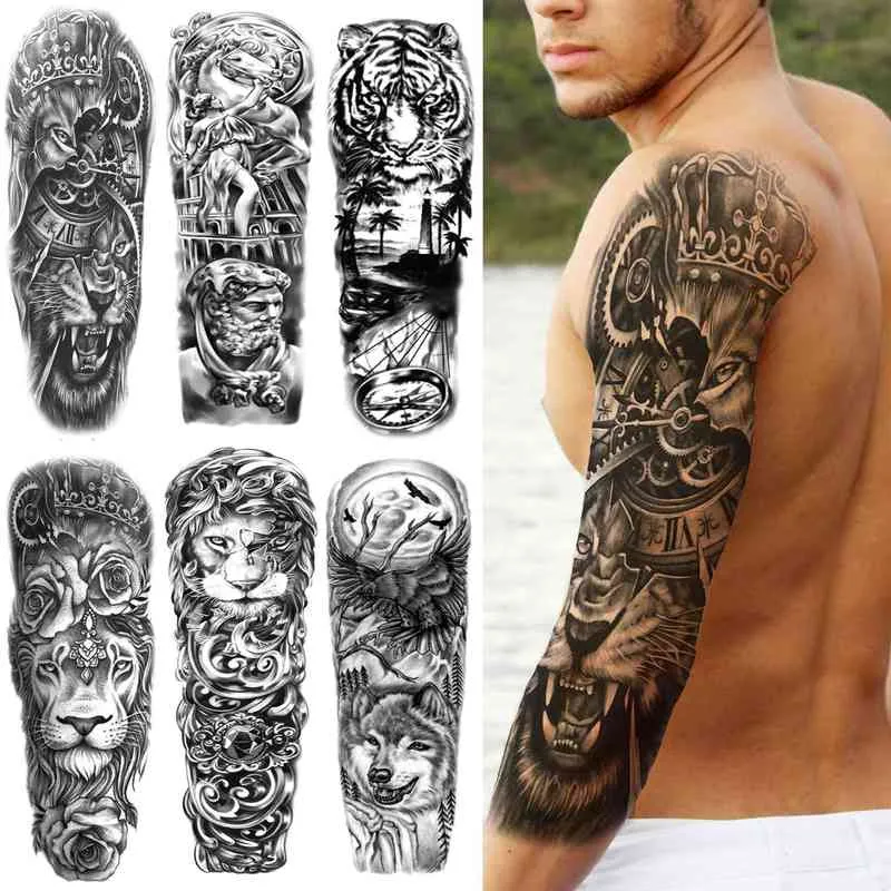 NXY Tatouage Temporaire Black Lion King s Sleeve pour Hommes Femmes Faux Gear Tigre Plein Bras Autocollant Réaliste Animal Tatoo Étanche 0330