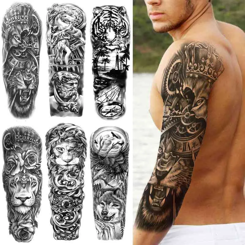 NXY Tymczasowy Tatuaż Czarny Lew Sleeve King S dla Mężczyzn Kobiety Fałszywe Gear Tiger Pełna Naklejka Arm Realistyczna Zwierząt Tatoo Wodoodporna 0330