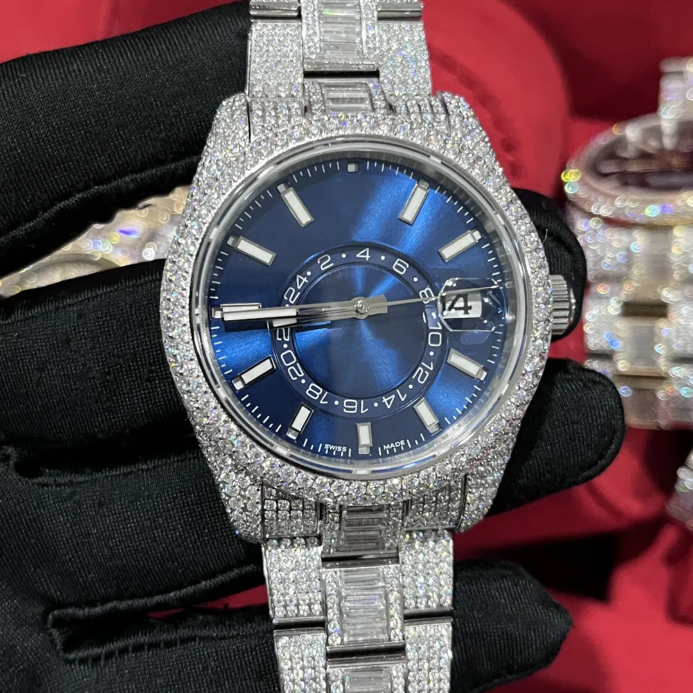 Diamond Watch High Quality Iced Out Watch Full Functional Work Automatic Movement 42mm Silver Two Stones Waterproof 904 Rostfri 287D