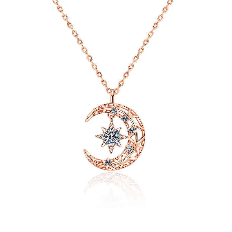 Moissanite Diamond 14K Rose Gold Plated 925 Sterling Silver Moon Star Pendant Halsband för Kvinnor Flickor Fina Smycken