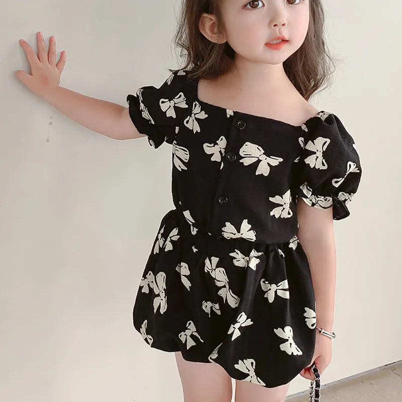 Summer Girls Suit Bow Tie Printing Square Neckline Blouse Shorts Toddler Baby Kids Clothes Children Clothing Sets 220620