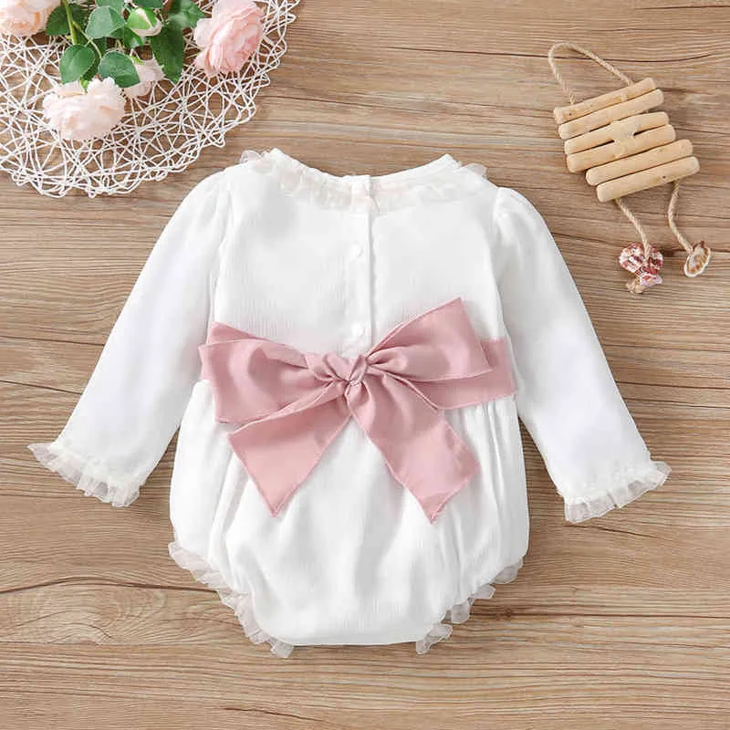 Baby Girl Chiffon Romper Long Sleeve Round Collar Lace High Waist Bodysuit Loose Fall Tops Soft Breathable 0-24 M Daily Wear G220517