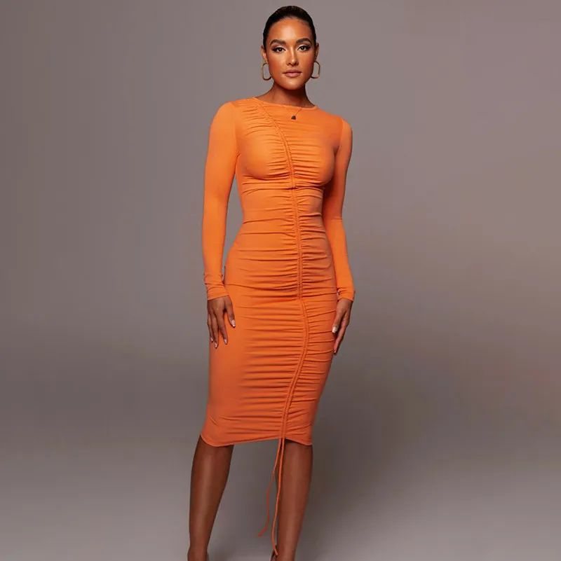 CNYISHE Herbst Frauen Ausgehen Kleid Mode Kordelzug Geraffte Kleider Frauen Neon Orange Oansatz Langarm Midi Kleid Vestidos 220510