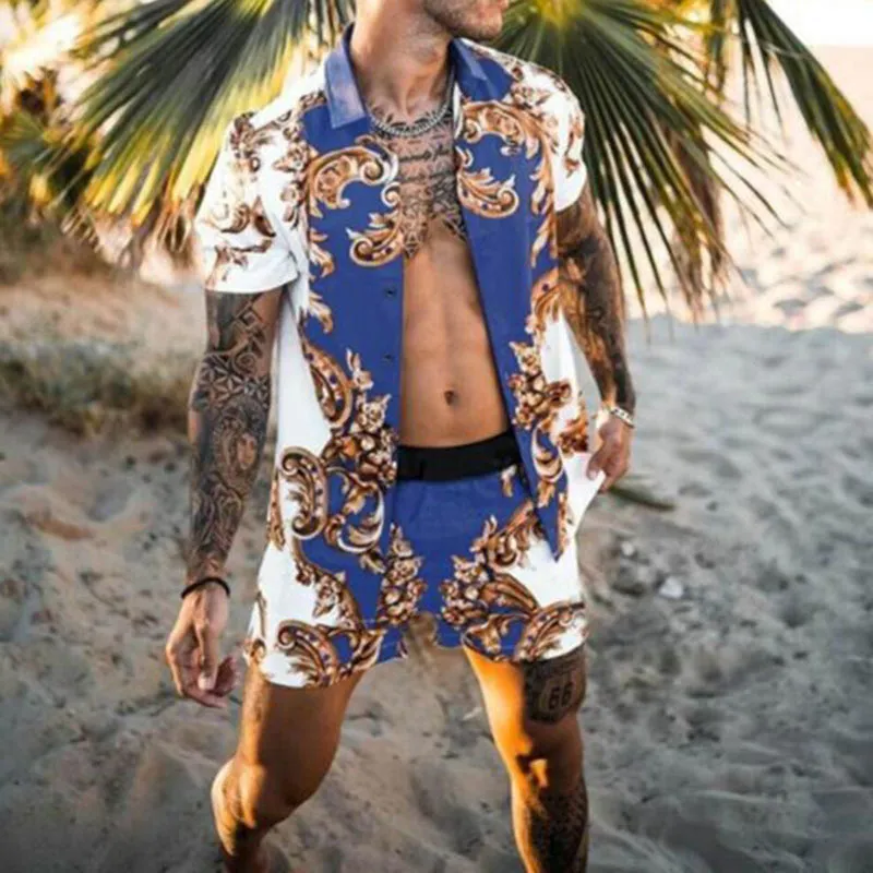 Herren Sommer Hawaiian Urlaub Kurzarm Shirt Set Mode Strand Coco Print Shorts Zwei Stück S3XL 220623
