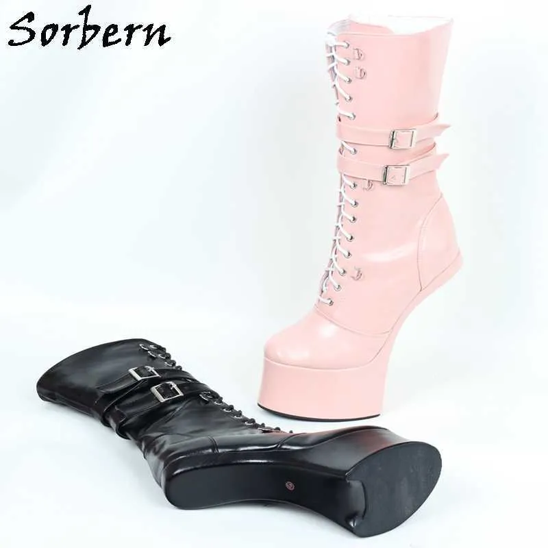 Sorbern Exotic Lace Up Horse Shoes Mid Calf Boots Multi Colors Heelless Fetish Play Fun Booties Double Straps Custom Colors