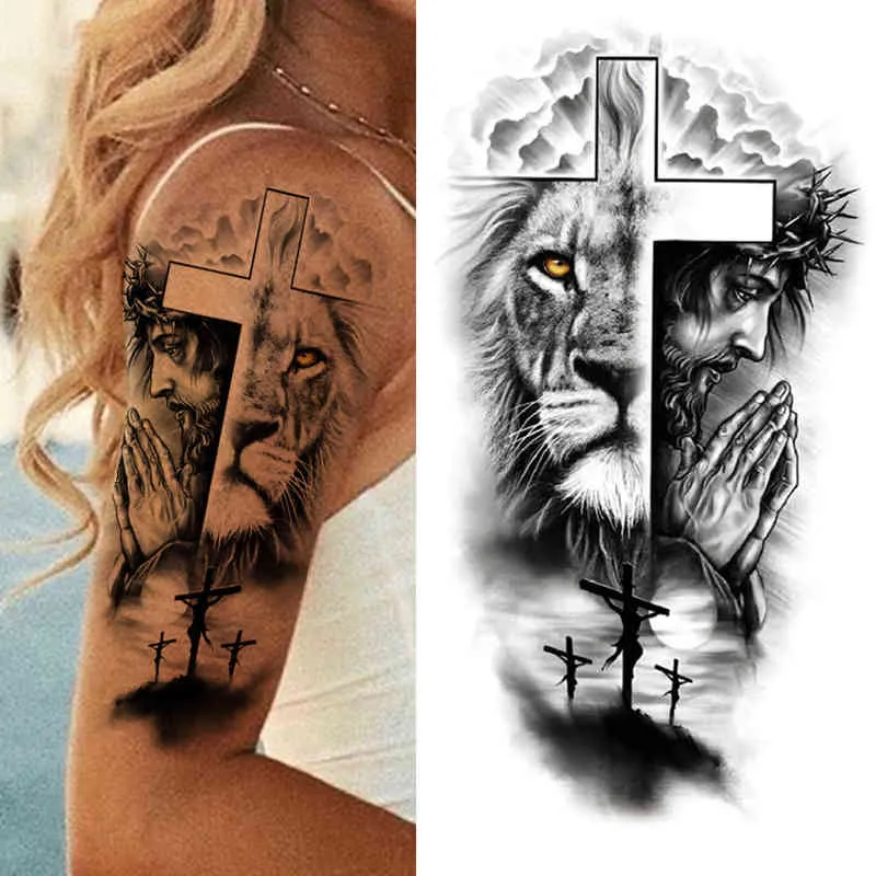 NXY Tatouage temporaire bras complet tatouages manches pour hommes femmes réaliste faux tatouages guerrier Lion tigre fleur Tatoo autocollant noir Totem Maori 0330