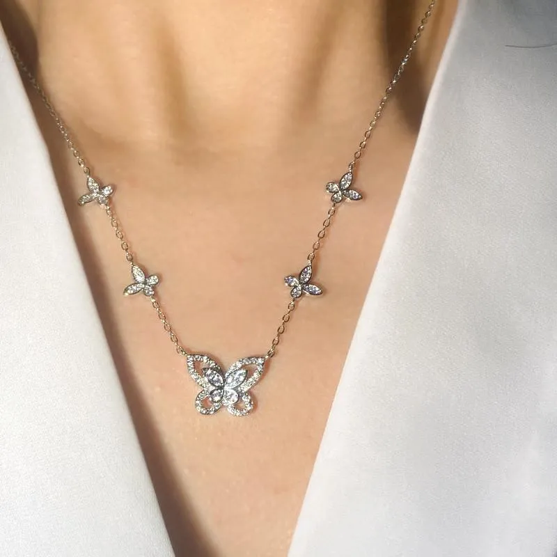 5 Papillon Pendentif Bijoux De Luxe En Argent Sterling 925 Pave Blanc Saphir CZ Diamant Pierres Précieuses Éternité Femmes Mariage Clavicule Collier Cadeau