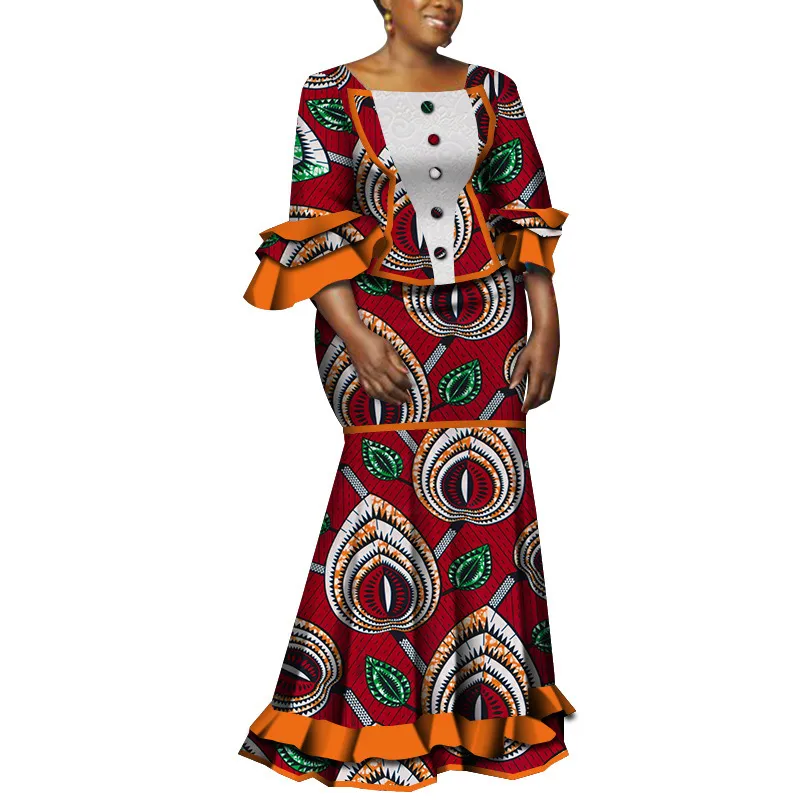 BintaRealWax Vestido de dos piezas Traje de falda estampado africano para mujer Fiesta Boda Ropa tradicional Blusa superior + Falda larga de tubo 2 piezas Conjuntos de ropa WY5240