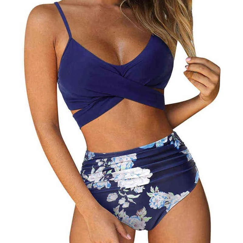 Costumi da bagno da donna Estate Sexy Tinta unita Bikini Cinghie incrociate a vita alta Costume da bagno a due pezzi Costumi da bagno Split Beachwear Y220420